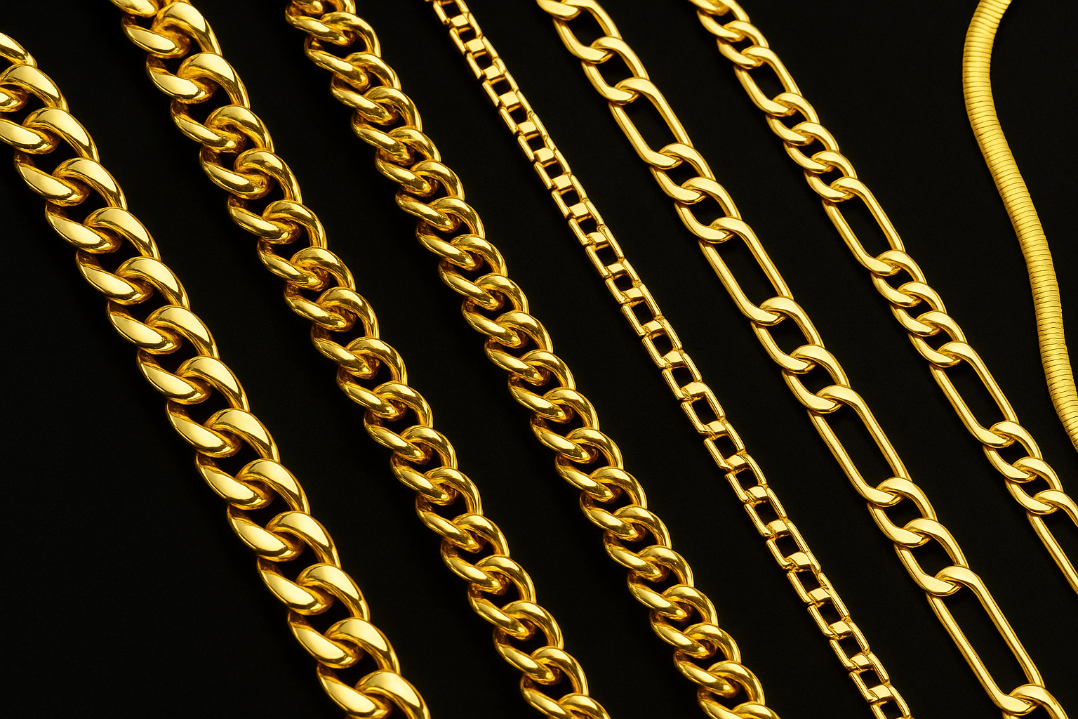 Multiple yellow gold chain designs with black background